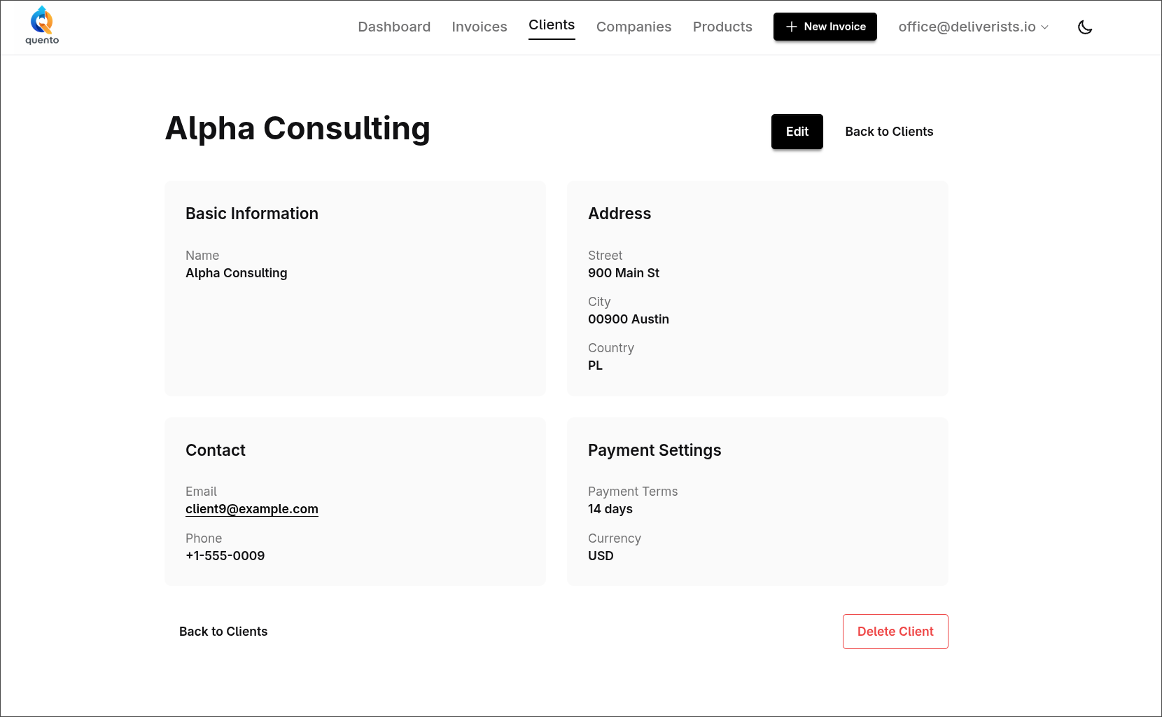 Client page before changes