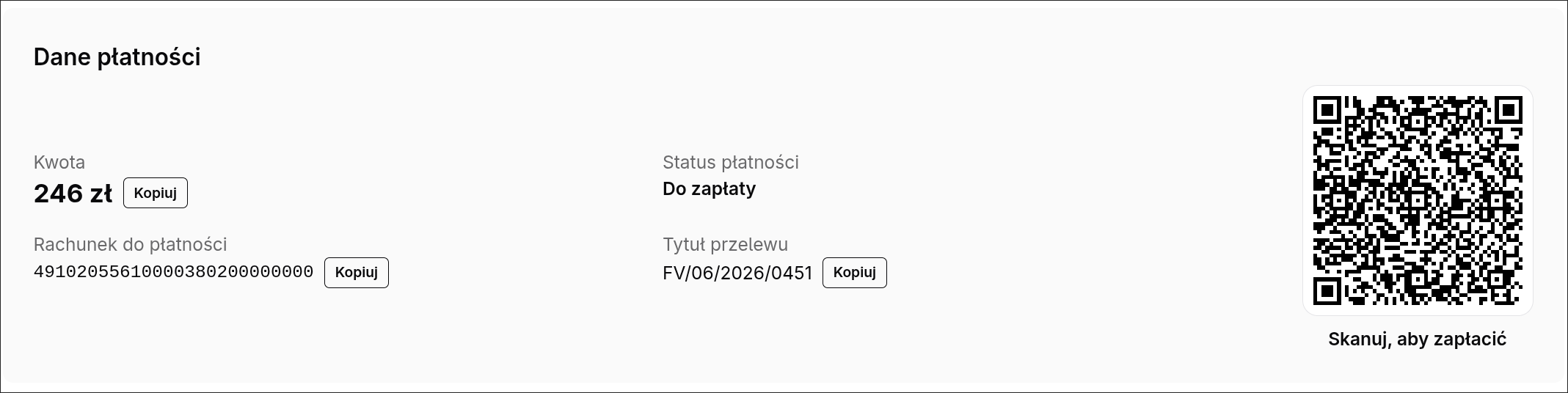 Szczegóły faktury zakupowej w Quento — dane do przelewu i kod QR Skanuj, aby zapłacić