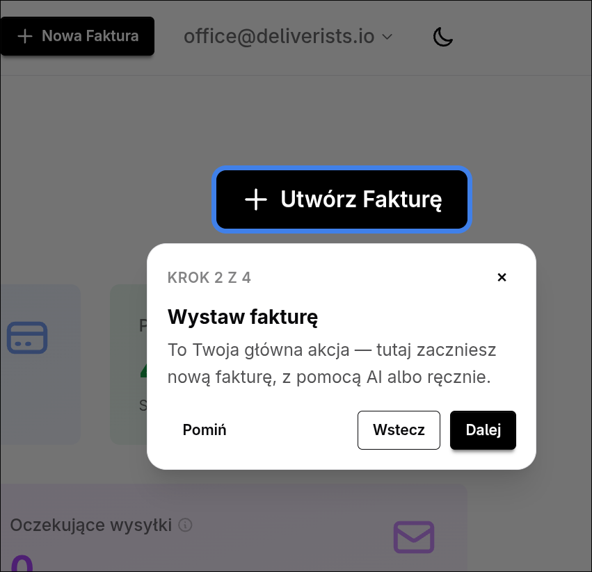 Krok przewodnika podświetlający przycisk Utwórz Fakturę