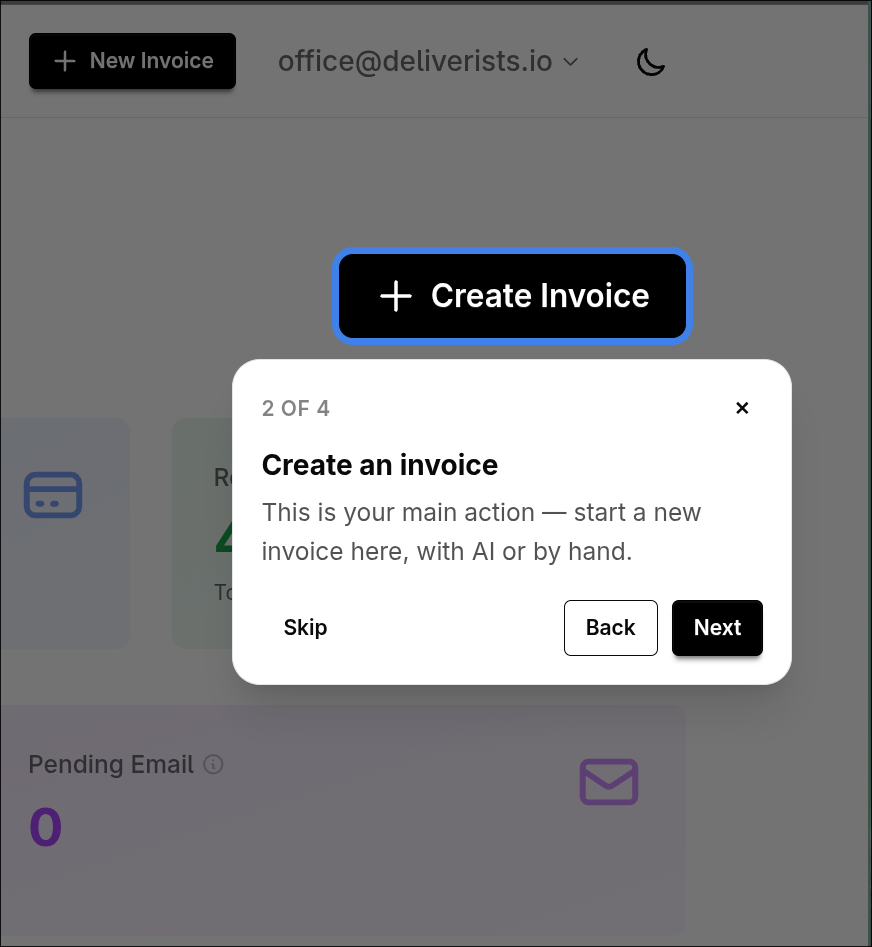 A tour step spotlighting the Create Invoice button