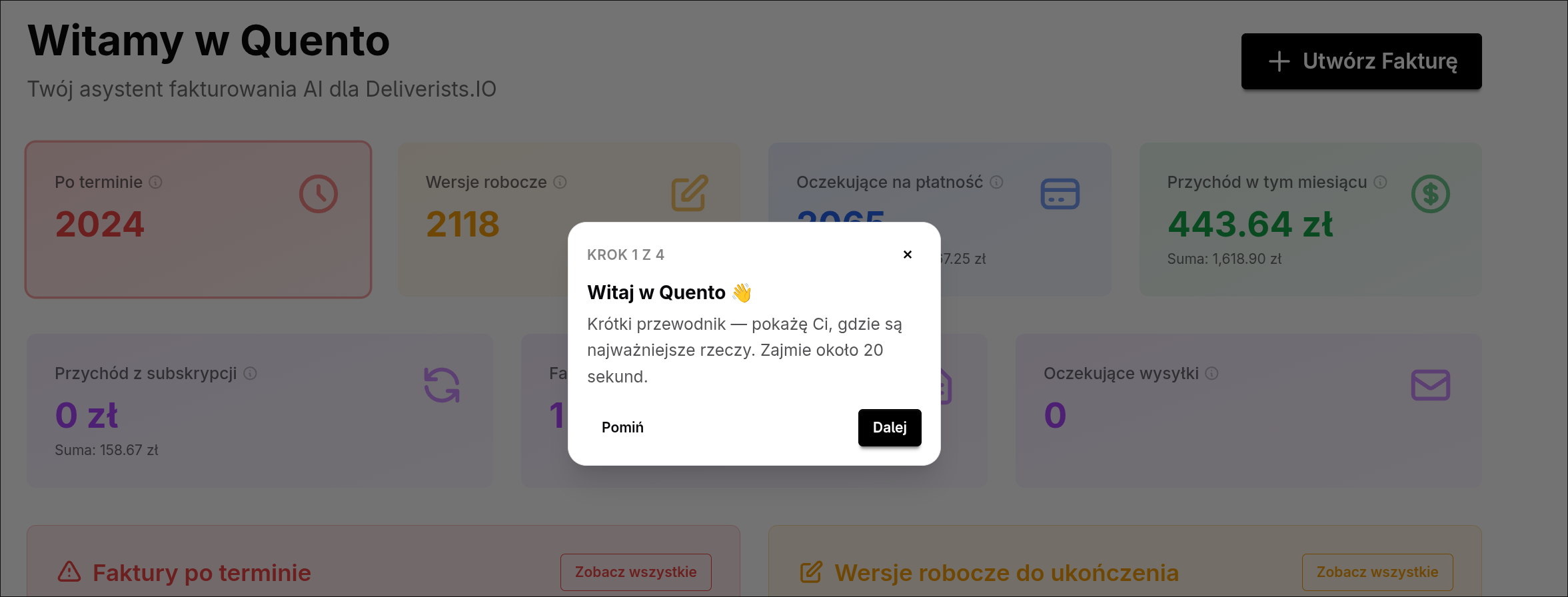 Przewodnik powitalny Quento — przyjazne oprowadzanie po pulpicie