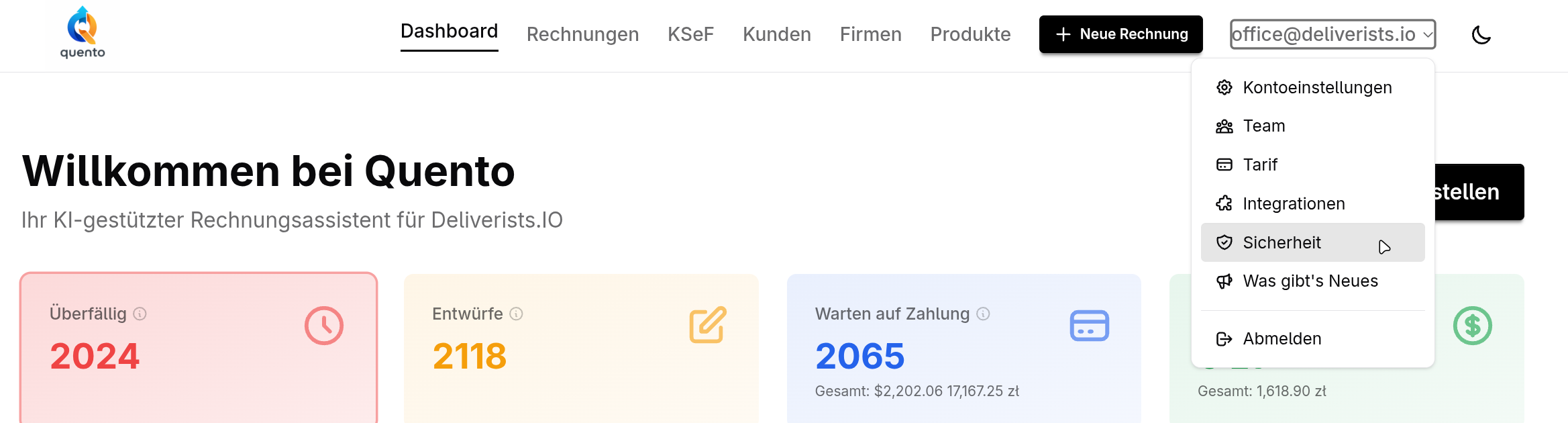 Quento-Profilmenü mit hervorgehobener Option Sicherheit