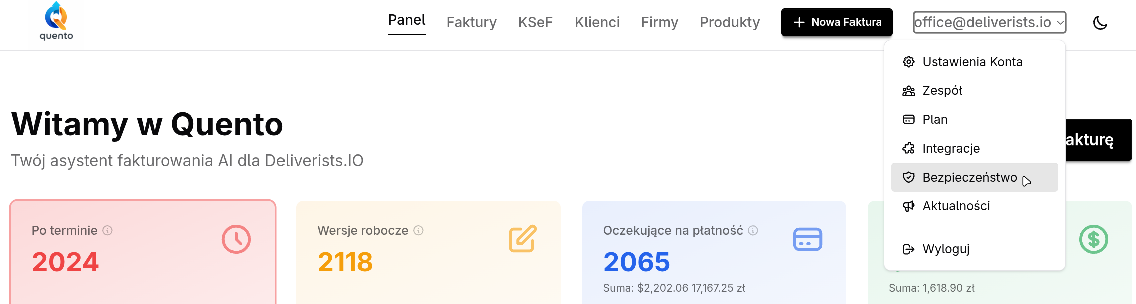 Menu profilu w Quento z podświetloną opcją Bezpieczeństwo