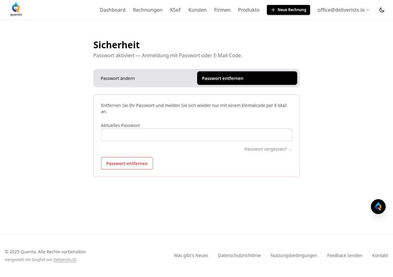 Quento-Seite Sicherheit — Passwort ändern oder entfernen