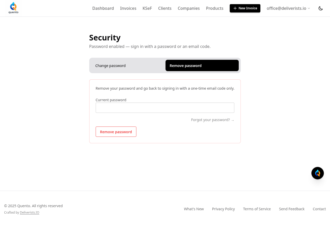Quento's Security page — change or remove your password