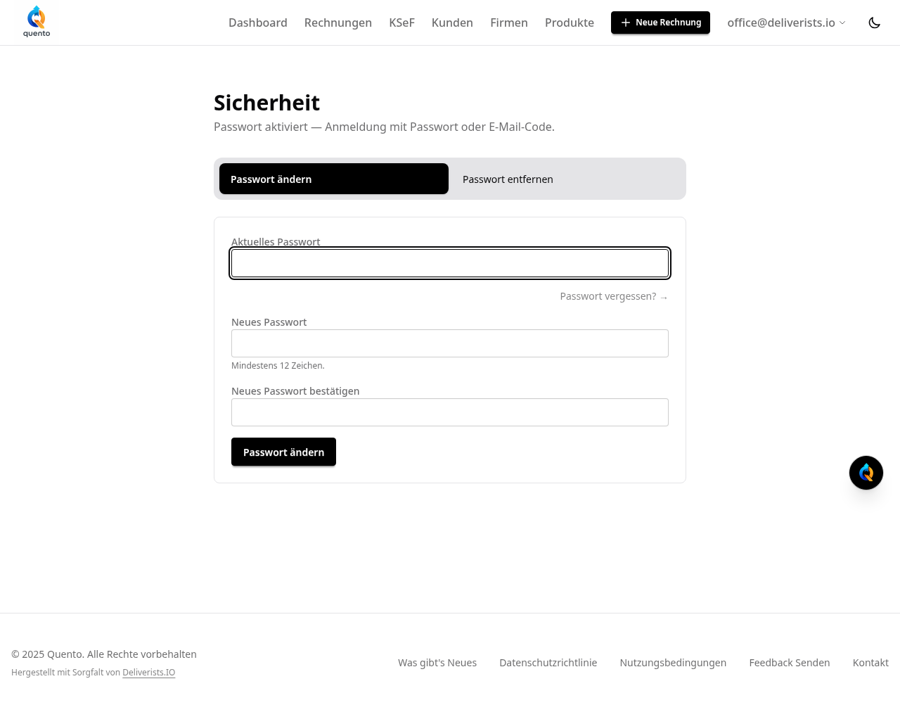 Quento-Seite Sicherheit — Passwort festlegen