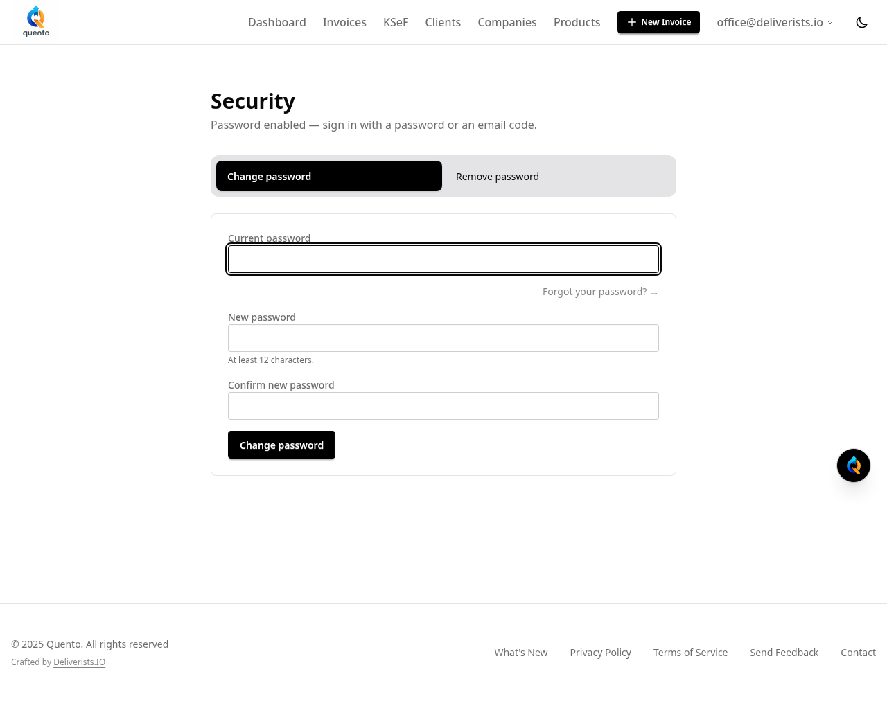 Quento's Security page — set a password