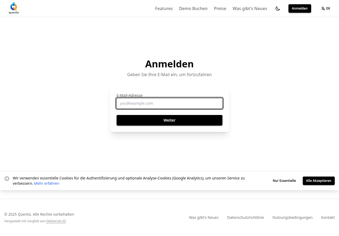 Quento-Anmeldung, Schritt eins — E-Mail eingeben