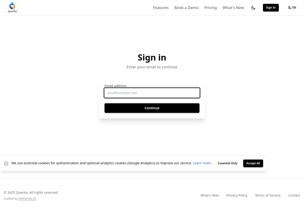 Quento sign-in step one — enter your email