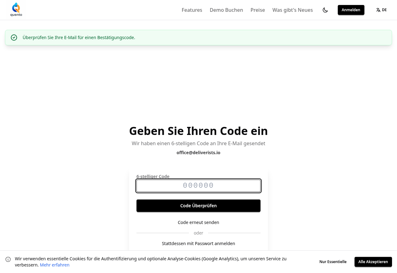 Quento-Anmeldung, Schritt zwei — Einmalcode aus der E-Mail eingeben