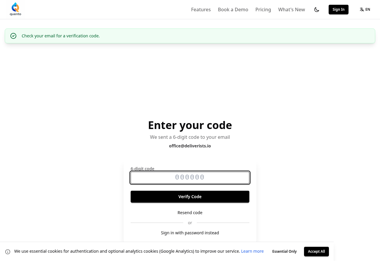 Quento sign-in step two — enter the one-time code from your email