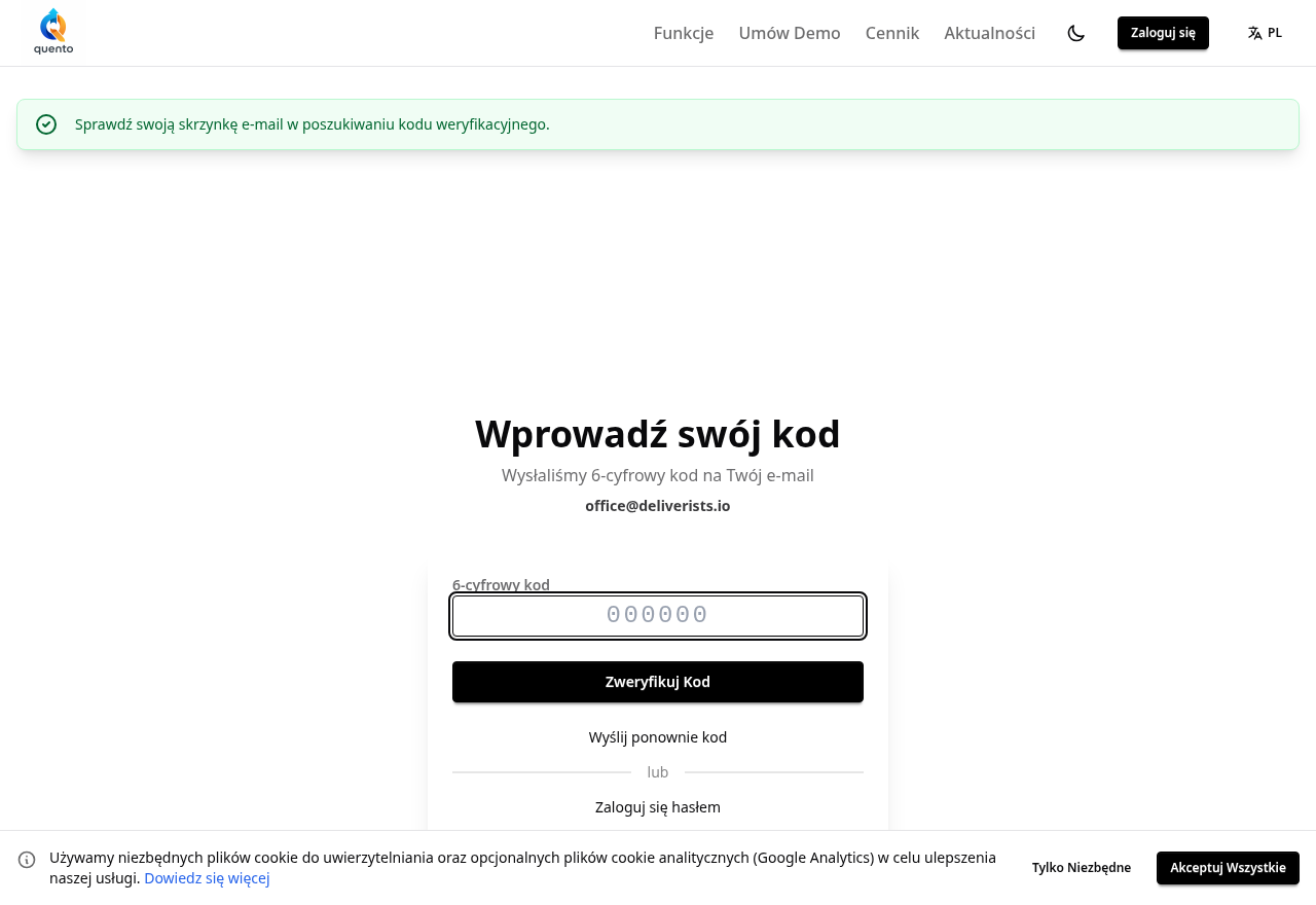 Logowanie w Quento, krok drugi — wpisz jednorazowy kod z e-maila