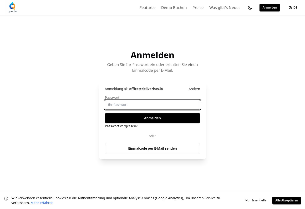 Quento-Anmeldung, Schritt drei — stattdessen mit Passwort anmelden