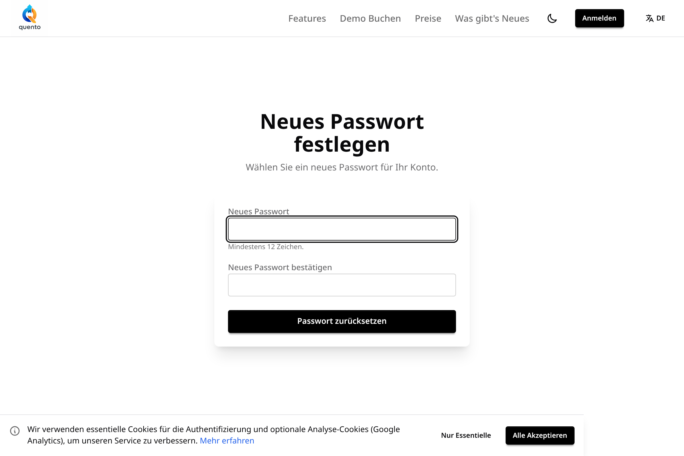 Quento Passwort-Zurücksetzen-Seite — neues Passwort festlegen