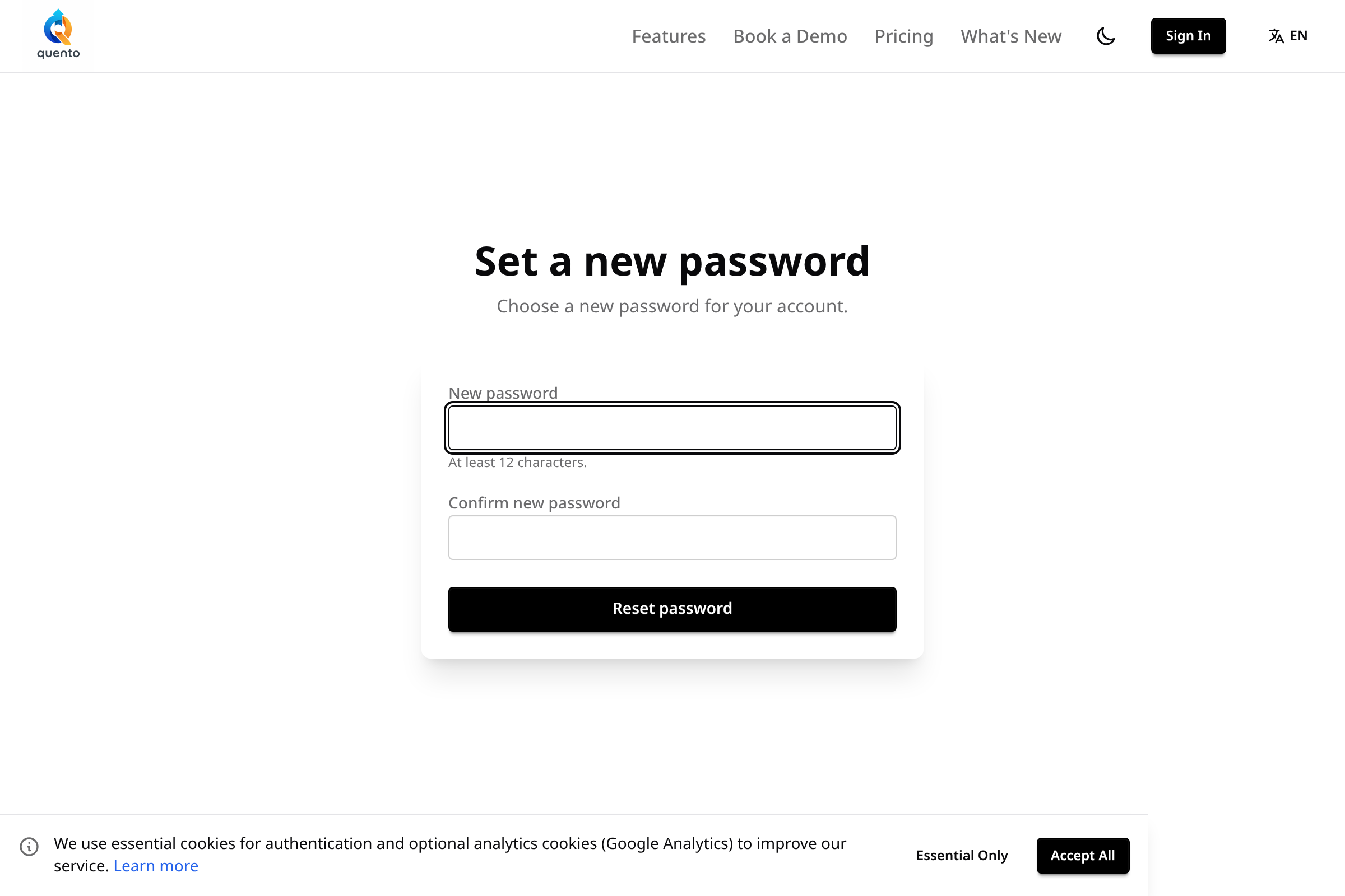 Quento password reset page — set a new password