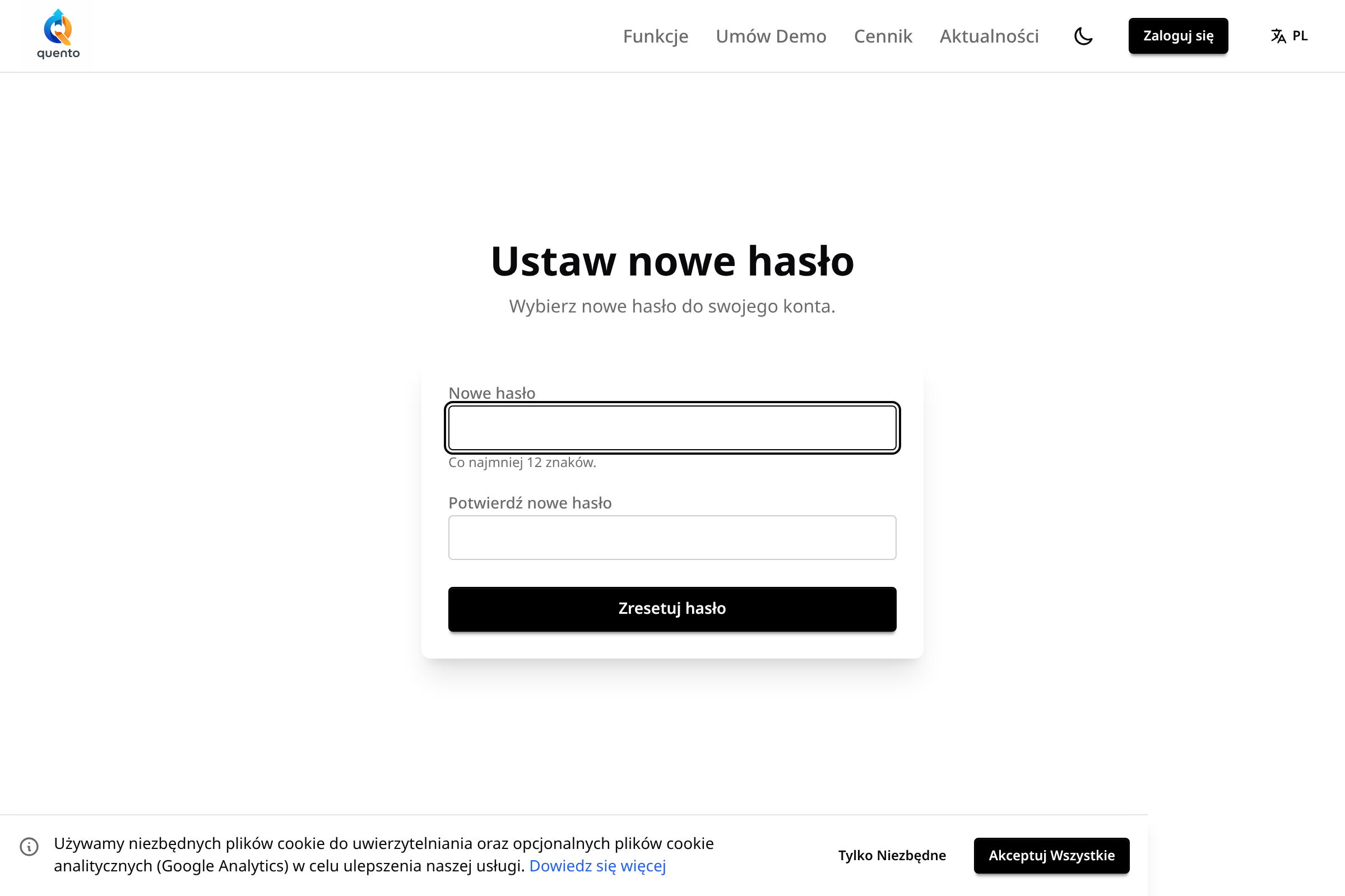 Strona resetowania hasła w Quento — ustaw nowe hasło