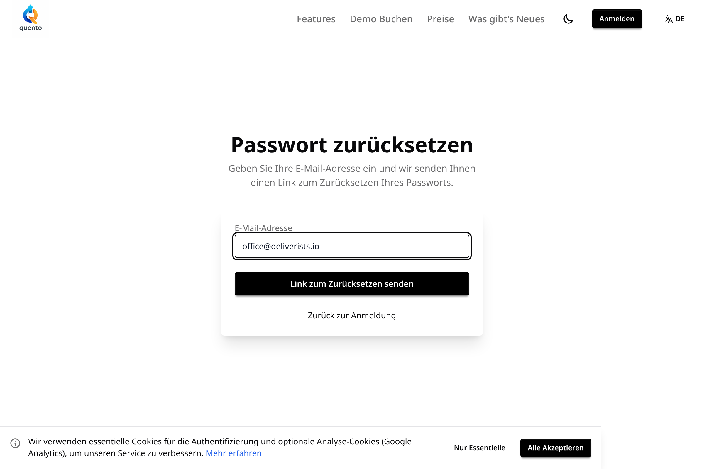 Quento Passwort-Zurücksetzen-Seite — E-Mail eingeben