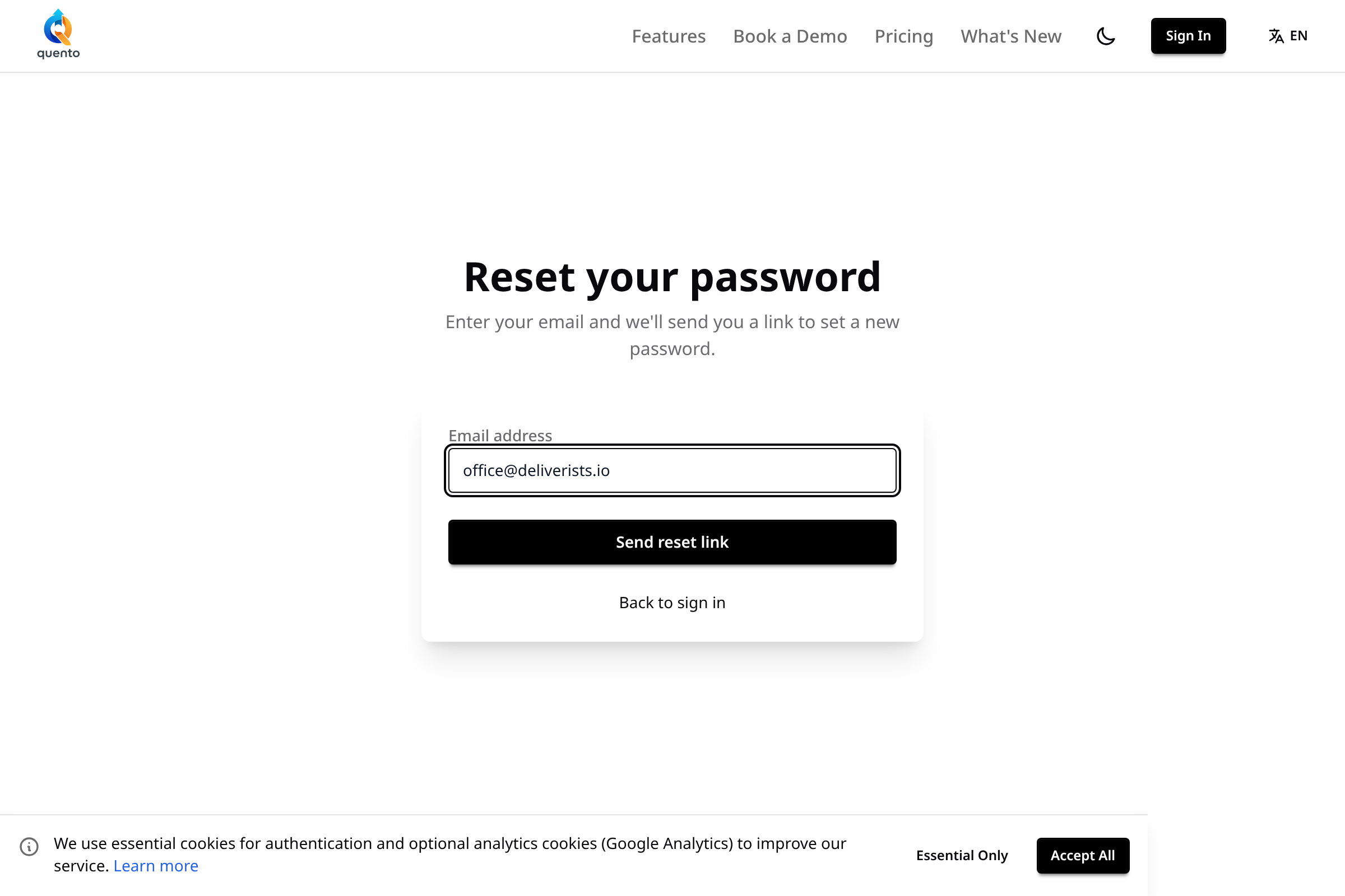 Quento password reset request page — enter your email