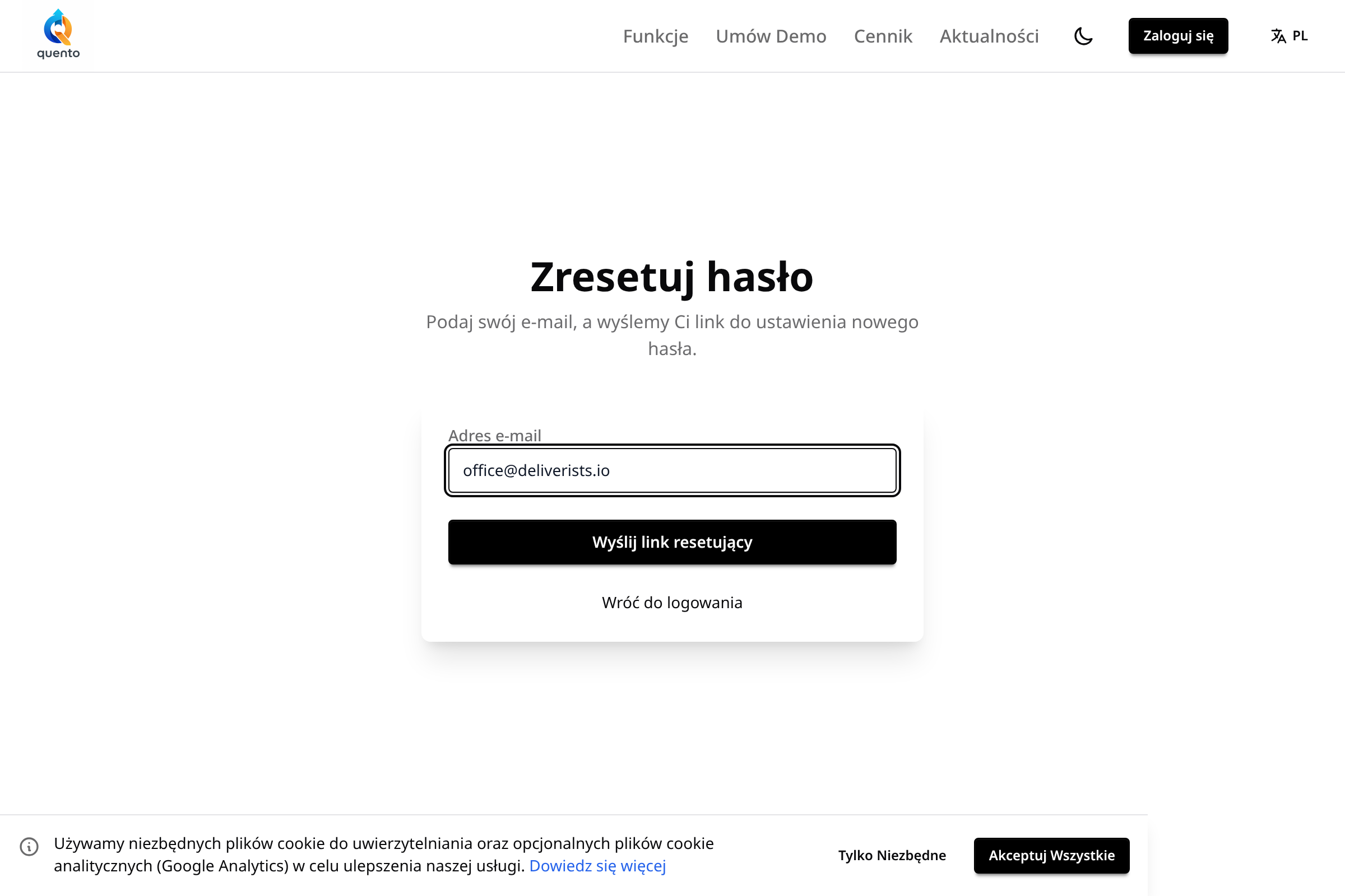 Strona resetowania hasła w Quento — podaj e-mail