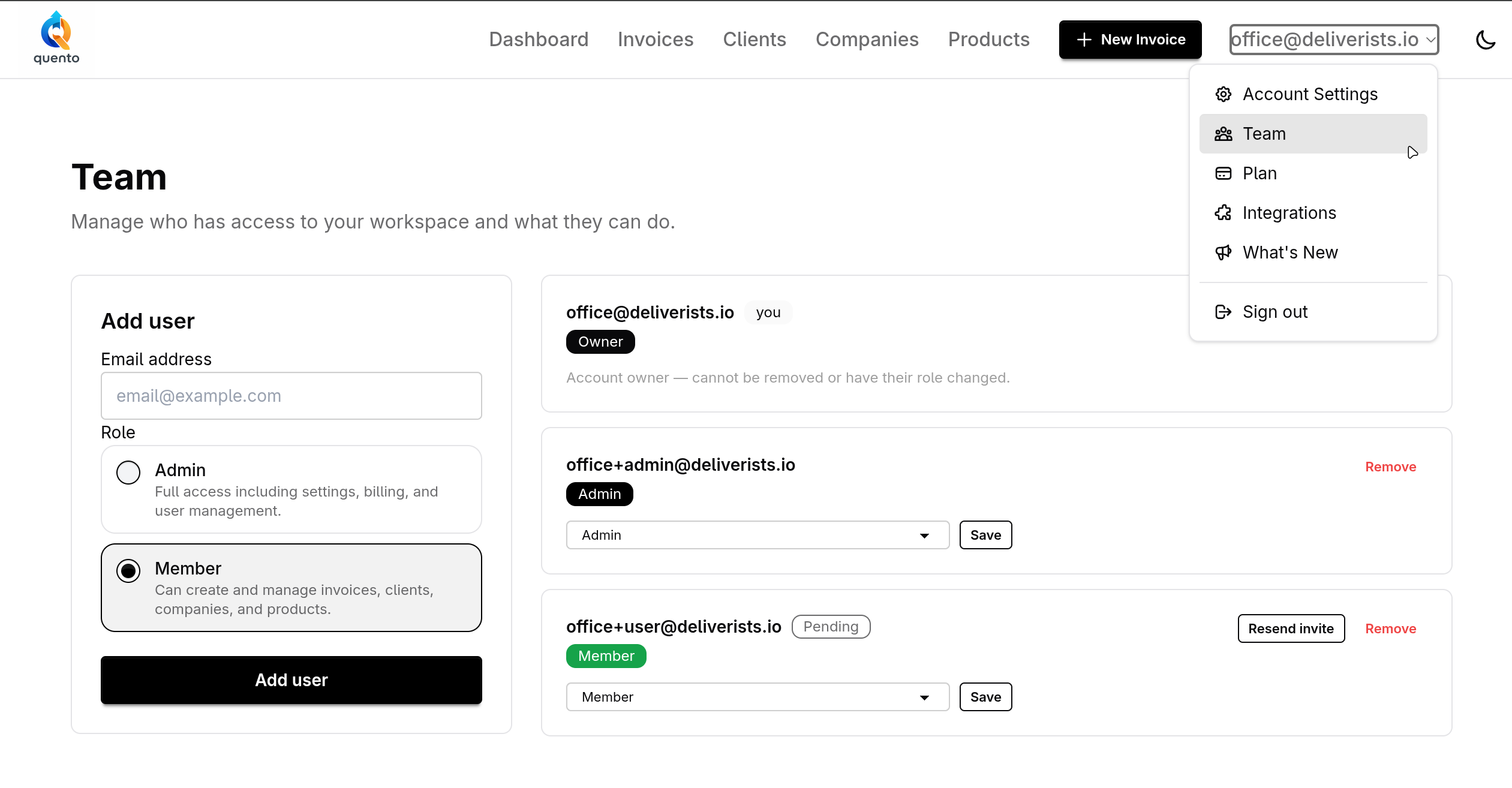 Team management in Quento — invite members and set roles